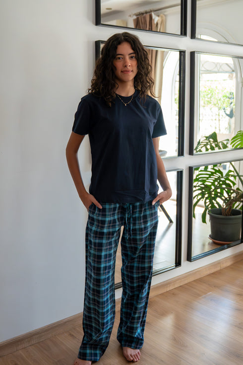 Women summer pajama set Navy Tee + Navy X Petroleum Plaid Pants